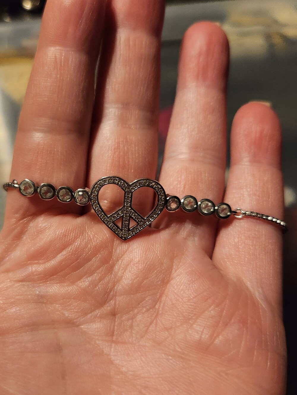 Silver-Tone Heart Peace Sign Bracelet with Clear Stones